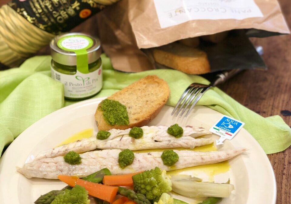 Branzino al vapore con pesto e verdure